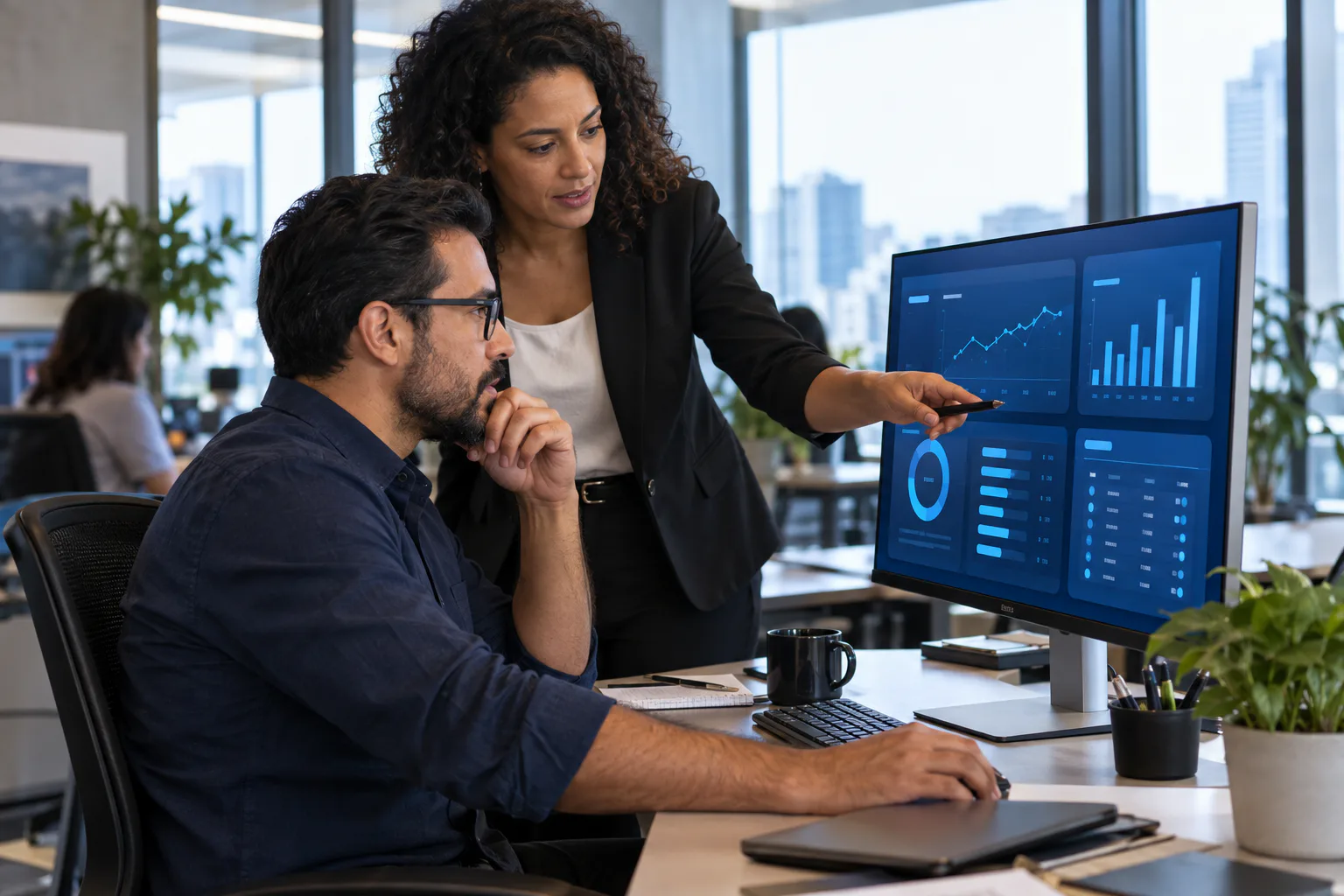 Profissionais analisando indicadores do sistema em um monitor